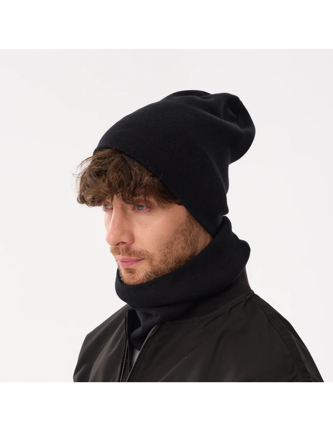 Beanie-and-neckwear-for-men-spring-set-black-100%-organic-cotton-Smurf