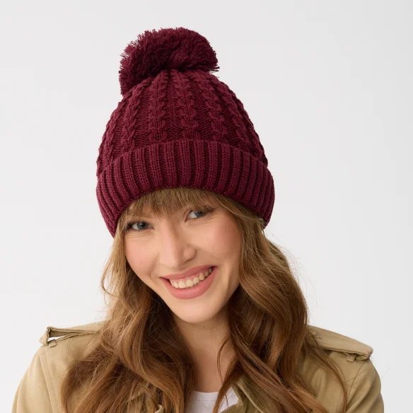 winter-beanie-for-women-with-pompom-maroon-recycled-yarn-willow-3