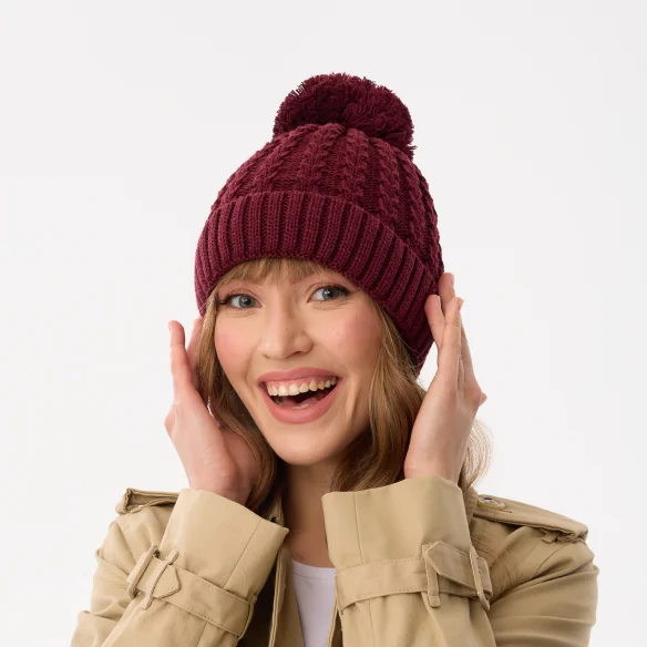 winter-beanie-for-women-with-pompom-maroon-recycled-yarn-willow-1