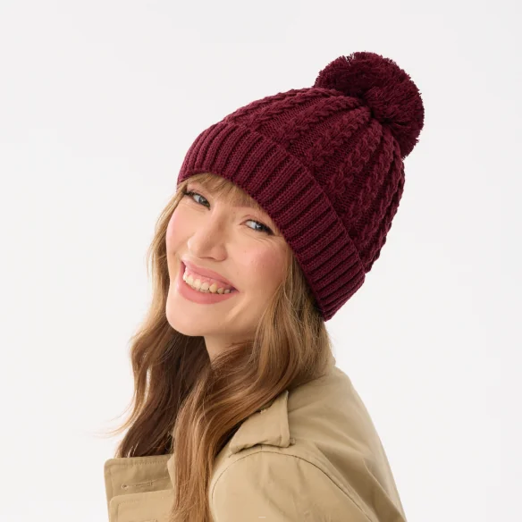 winter-beanie-for-women-with-pompom-maroon-recycled-yarn-willow