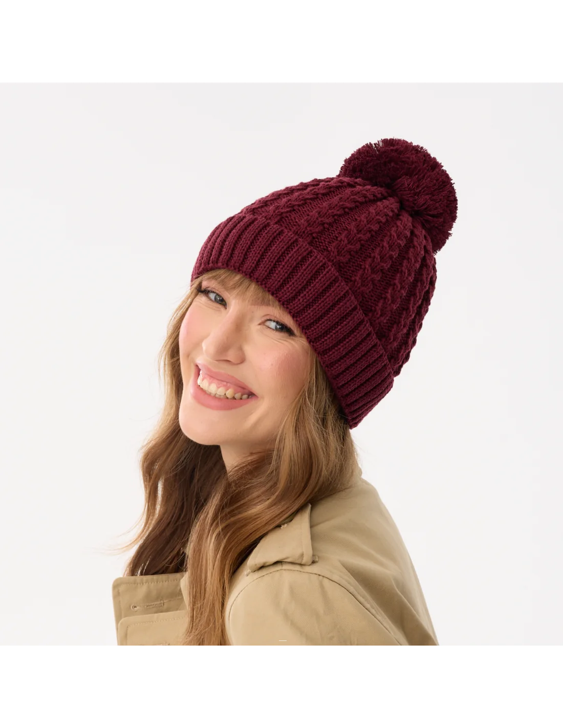 winter-beanie-for-women-with-pompom-maroon-recycled-yarn-willow