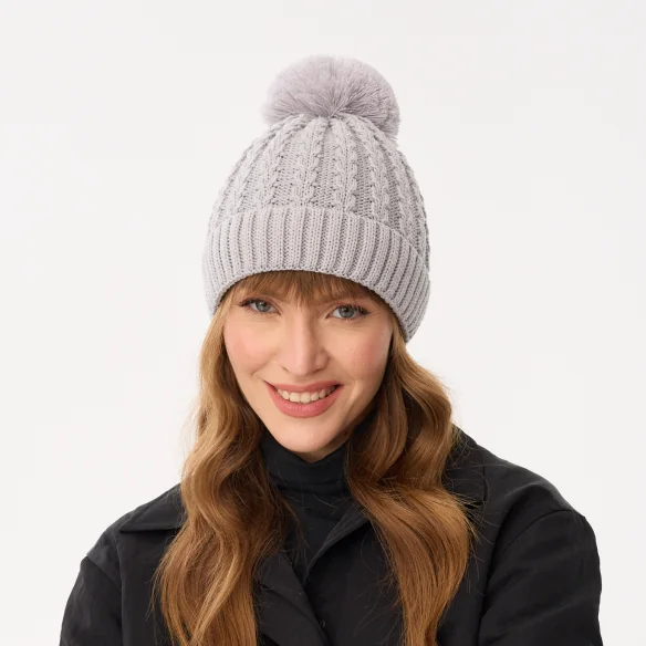 winter-beanie-for-women-with-pompom-light-grey-recycled-yarn-willow